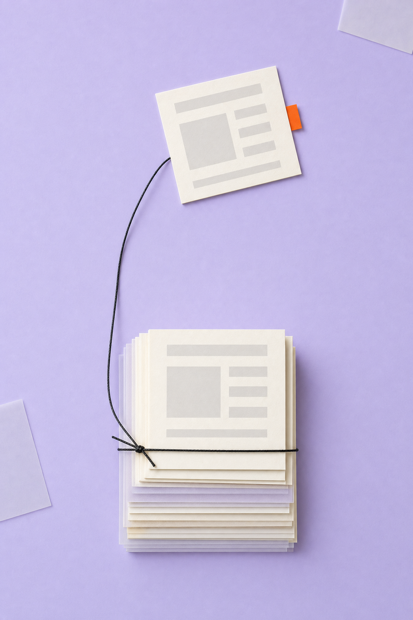 A tall stack of website layouts built over many years, bound with black thread that leads to one fresh page: long experience behind a new way of building