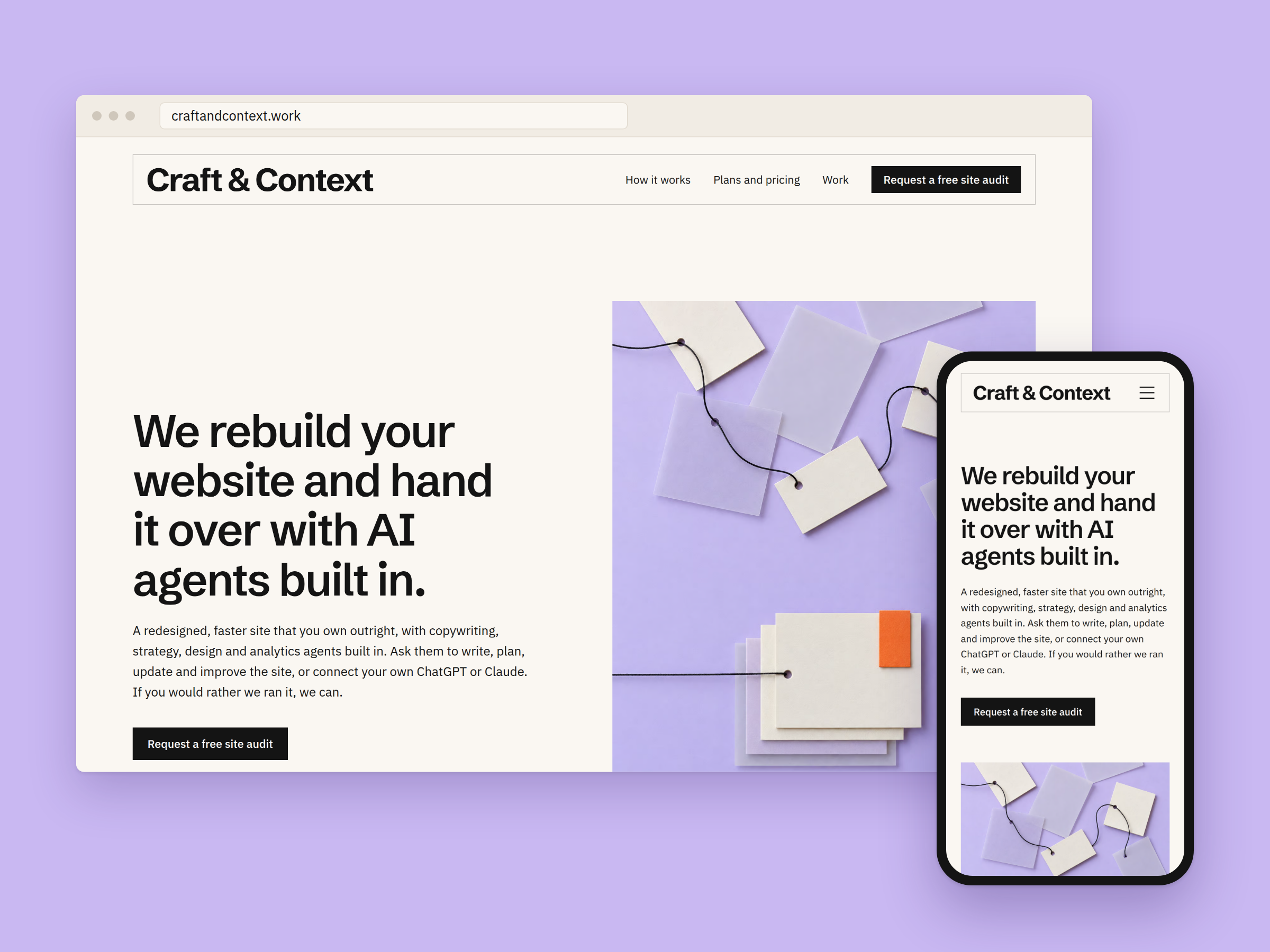 Craft & Context website mockup shown on a desktop browser and smartphone over a lavender background.
