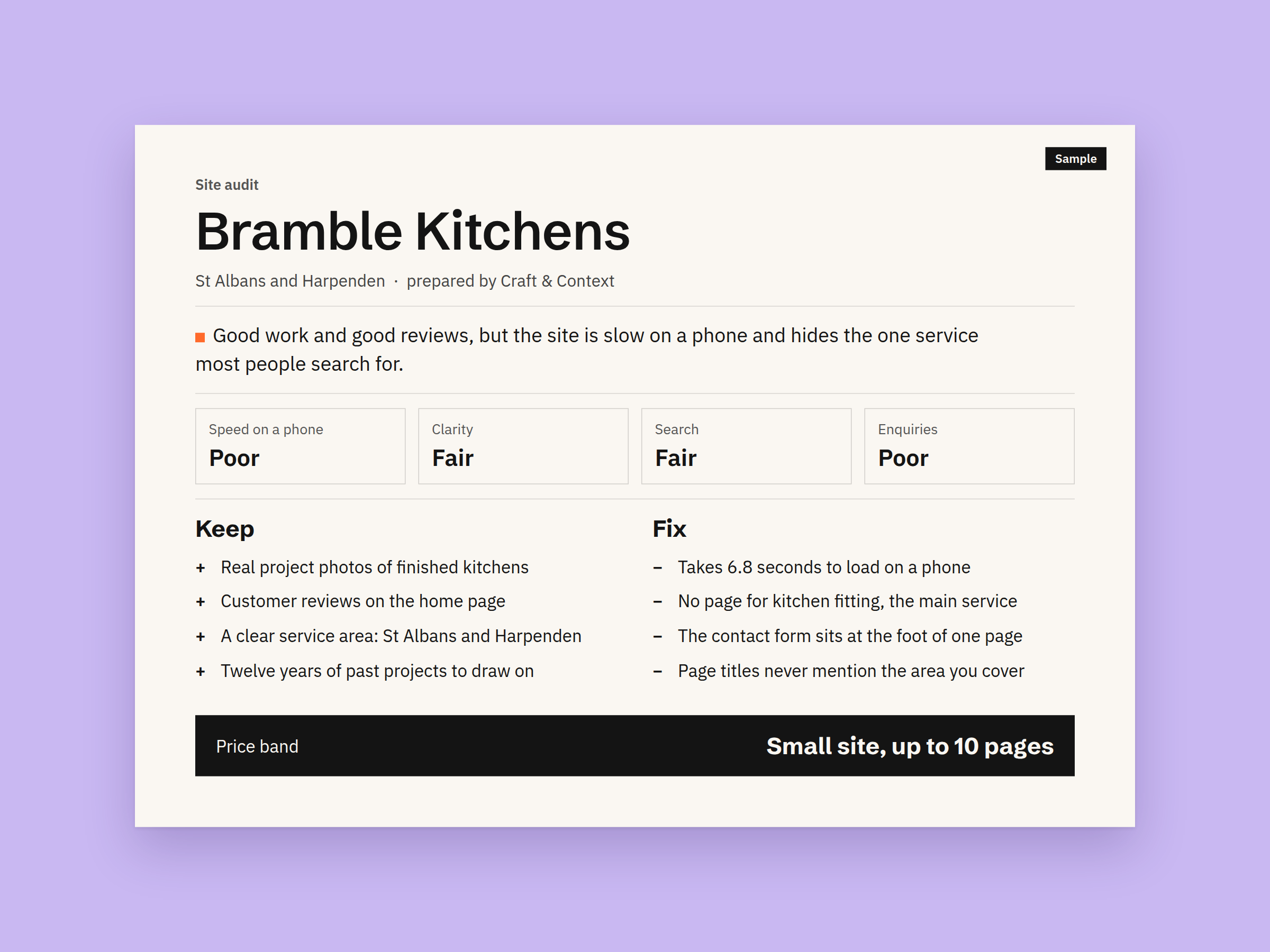 Site audit document for Bramble Kitchens displayed on a lavender background.