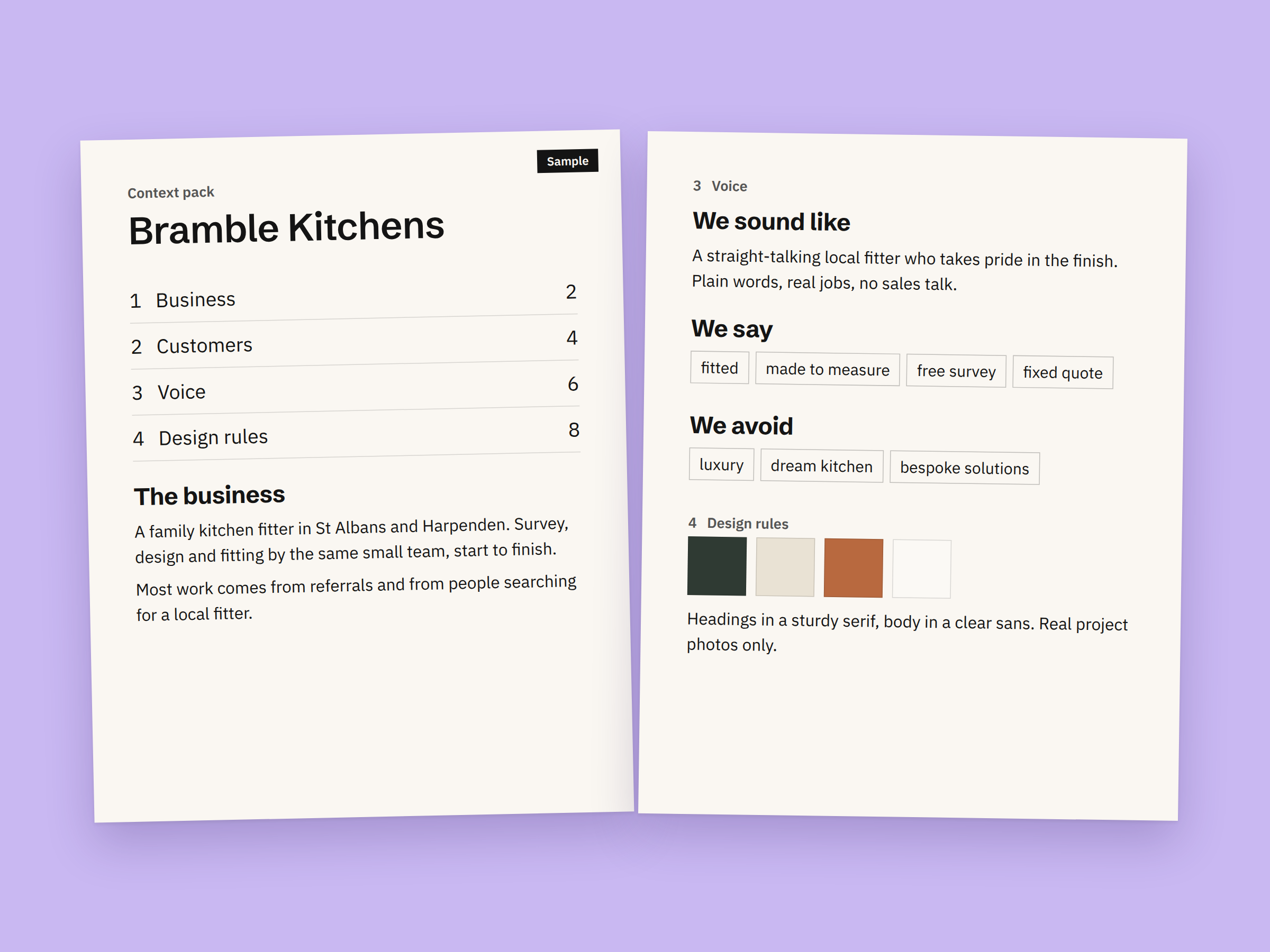 Two cream Bramble Kitchens brand-guide pages displayed on a lavender background.